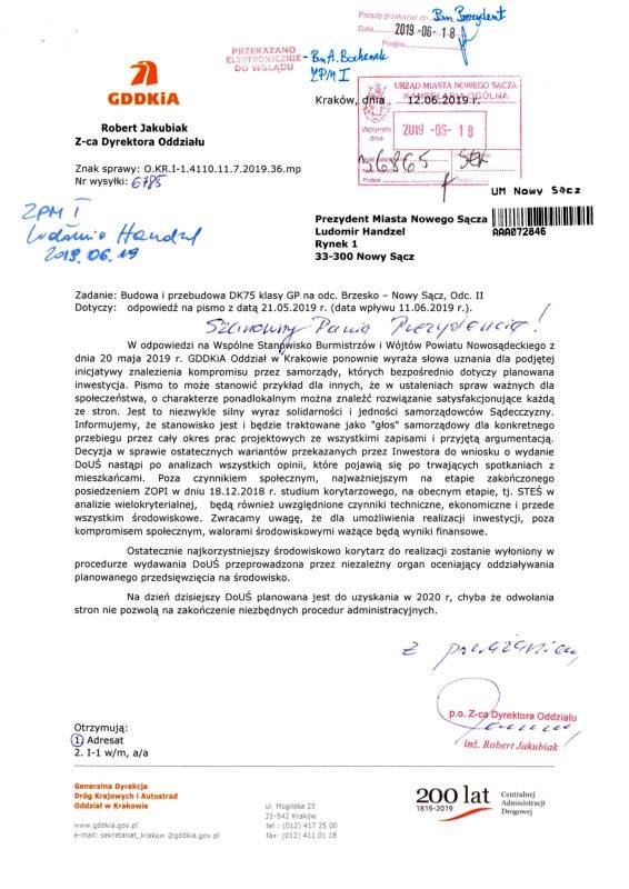 Generalna Dyrekcja Dróg Krajowych i Autostrad odpowiedziała na pismo, które 21 maja przesłałem Ministrowi Infrastruktury, Andrzejowi Adamczykowi.
