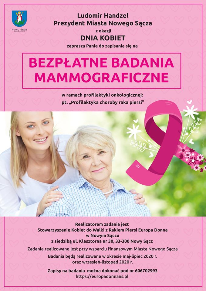 ?Z okazji zbliżającego się ?Dnia Kobiet, w dniu 8marca, zapraszam Panie do zapisania się na ?‍⚕️bezpłatne badania mammograficzne, w ramach profilaktyki onkologicznej: pt.: „Profilaktyka choroby raka piersi”.