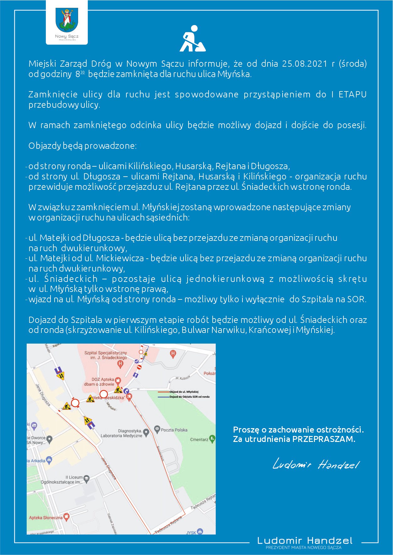 ⛔️Od jutra od godziny 8:30 będzie zamknięta dla ruchu ulica Młyńska.