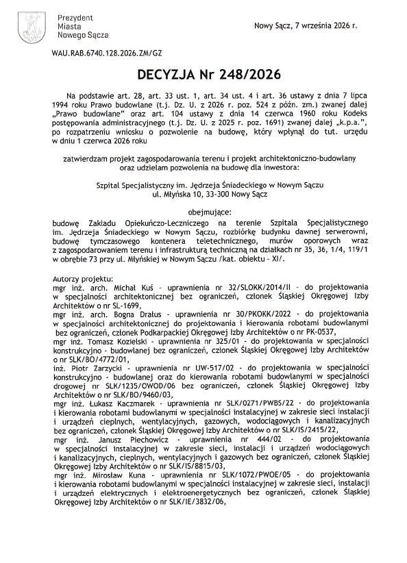 Pozwolenie na budowę Zakładu Opiekuńczo-Leczniczego przy Szpitalu Specjalistycznym im. Jędrzeja Śniadeckiego